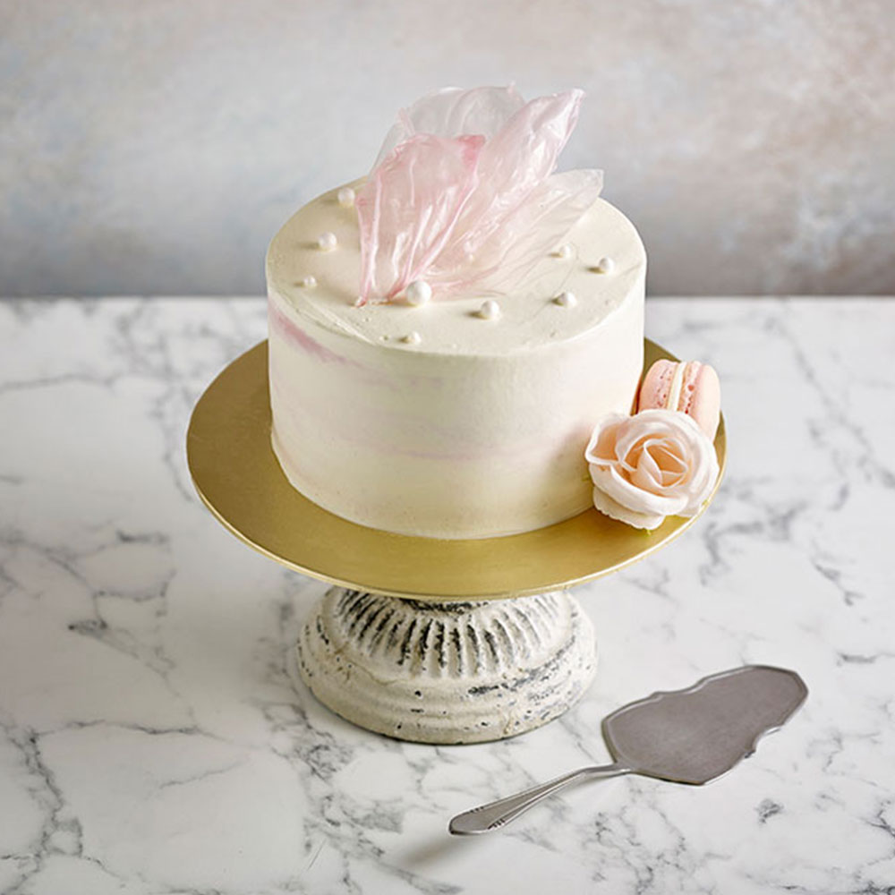 Handmade Flower Petals, topped with Sugar Pearls and Macaroons Cake
